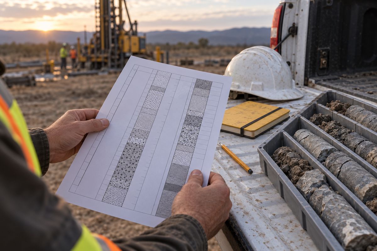 An engineer holding a printed boring log on a truck tailgate beside a core box and hard hat